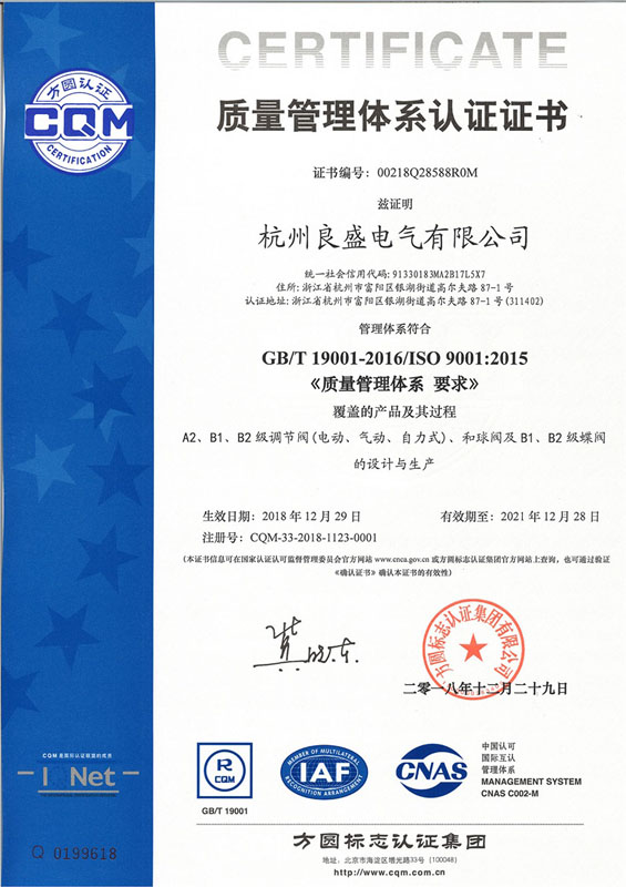 杭州良盛電氣  ISO9001質(zhì)量管理體系認(rèn)證證書（中文）